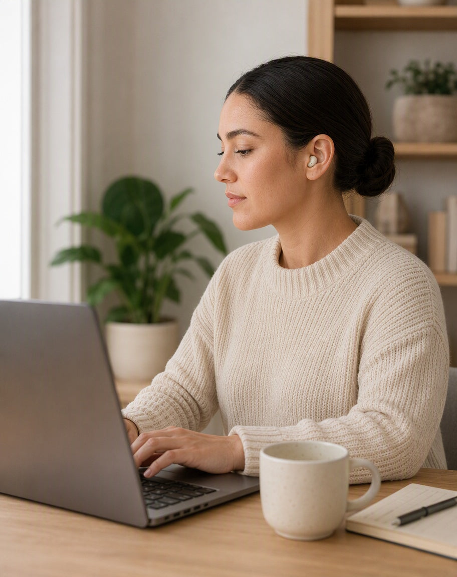 Woman working at a home desk with a laptop, wearing one off-white earbud