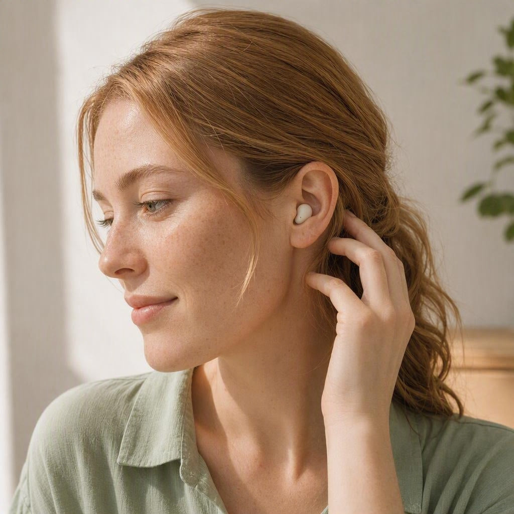 Close-up of a small ear with the off-white earbud resting in the outer ear bowl
