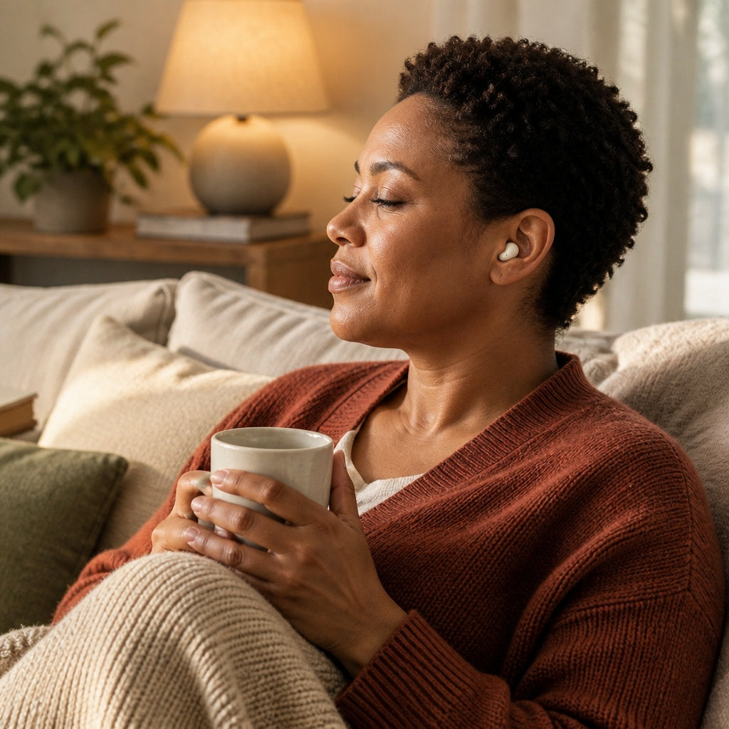 Woman relaxing on a sofa at home with a mug, wearing one off-white earbud
